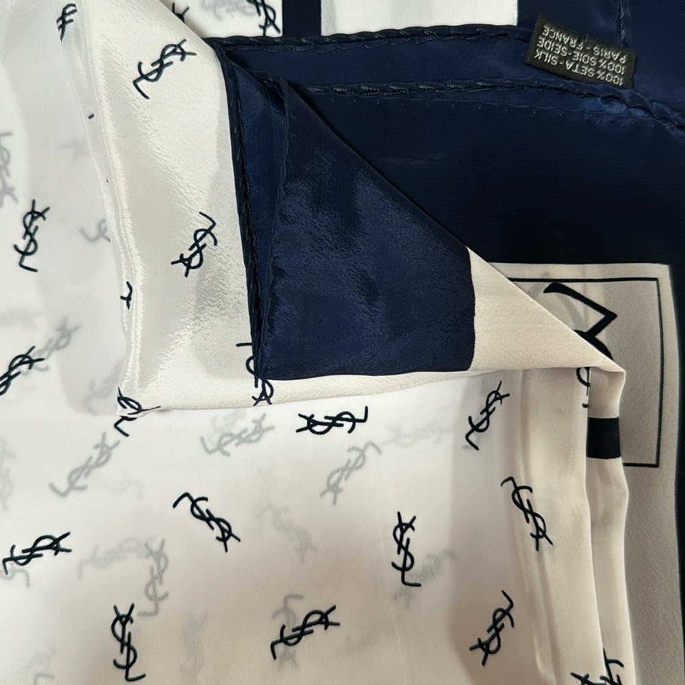 Vintage Yves Saint Laurent Logo Women’s navy blue and white silk scarf
